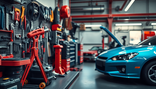 High-quality automotive tools arranged in a professional workshop with a blue car in the foreground