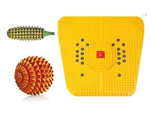 Yellow acupressure foot mat with dotted pressure grid, plus wooden spiky roller and ball