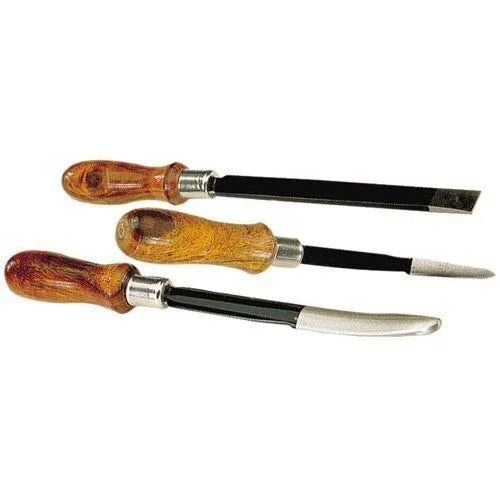 Hand scraper set with wooden handles and metal blades, assorted shapes, 3 pieces
