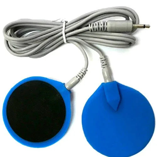 Stimulation pad set with two circular blue and black electrode pads and wired connector