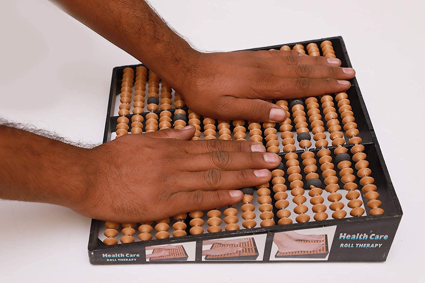 Acupressure foot massager roll with wooden bead pins on black base