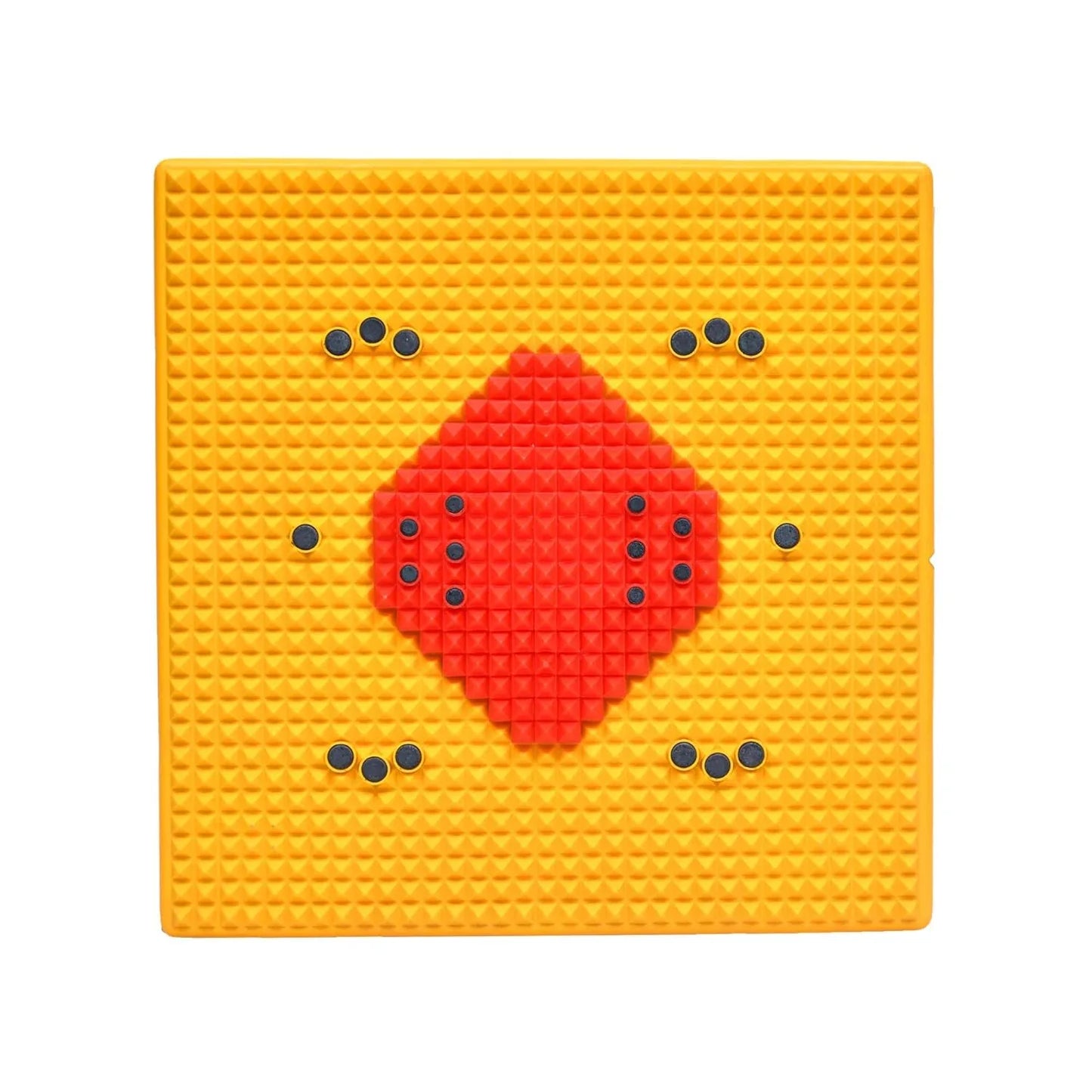 Acupressure mat with red diamond insert and blue nodules on yellow surface