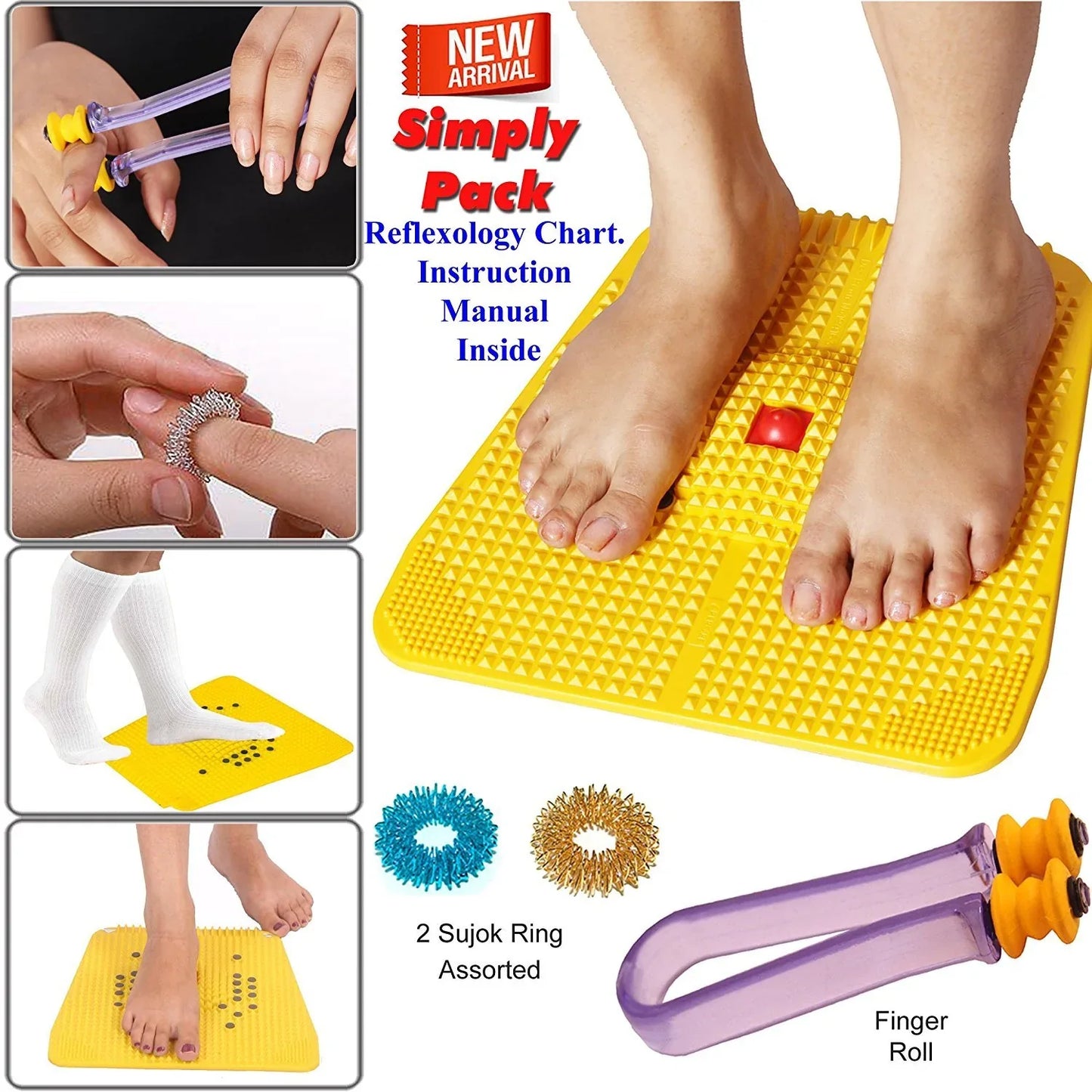 Yellow acupressure mat with raised spike points, shown under bare feet