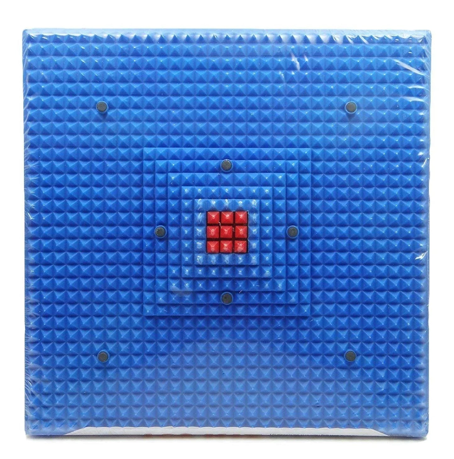 Blue acupressure reflexology foot mat with textured bumps and red magnetic center