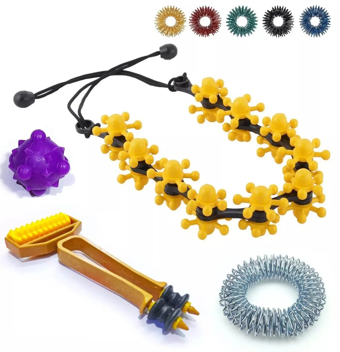 ACUPRESSURE magic massager set featuring a 2 in 1 roller, bracelet, and Sujok balls