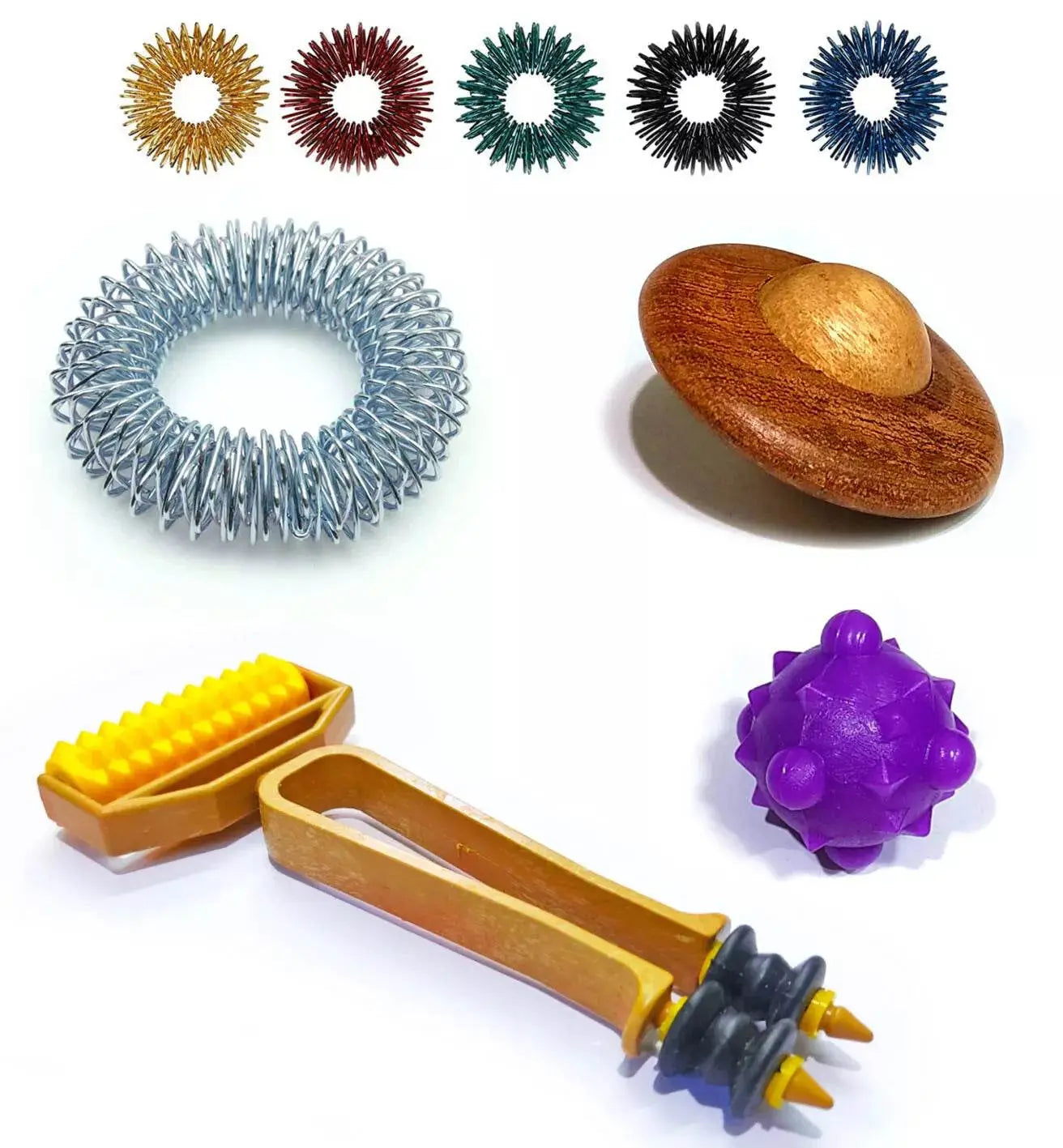 Variety of ACUPRESSURE products including acupressure sujok ring and massage tools