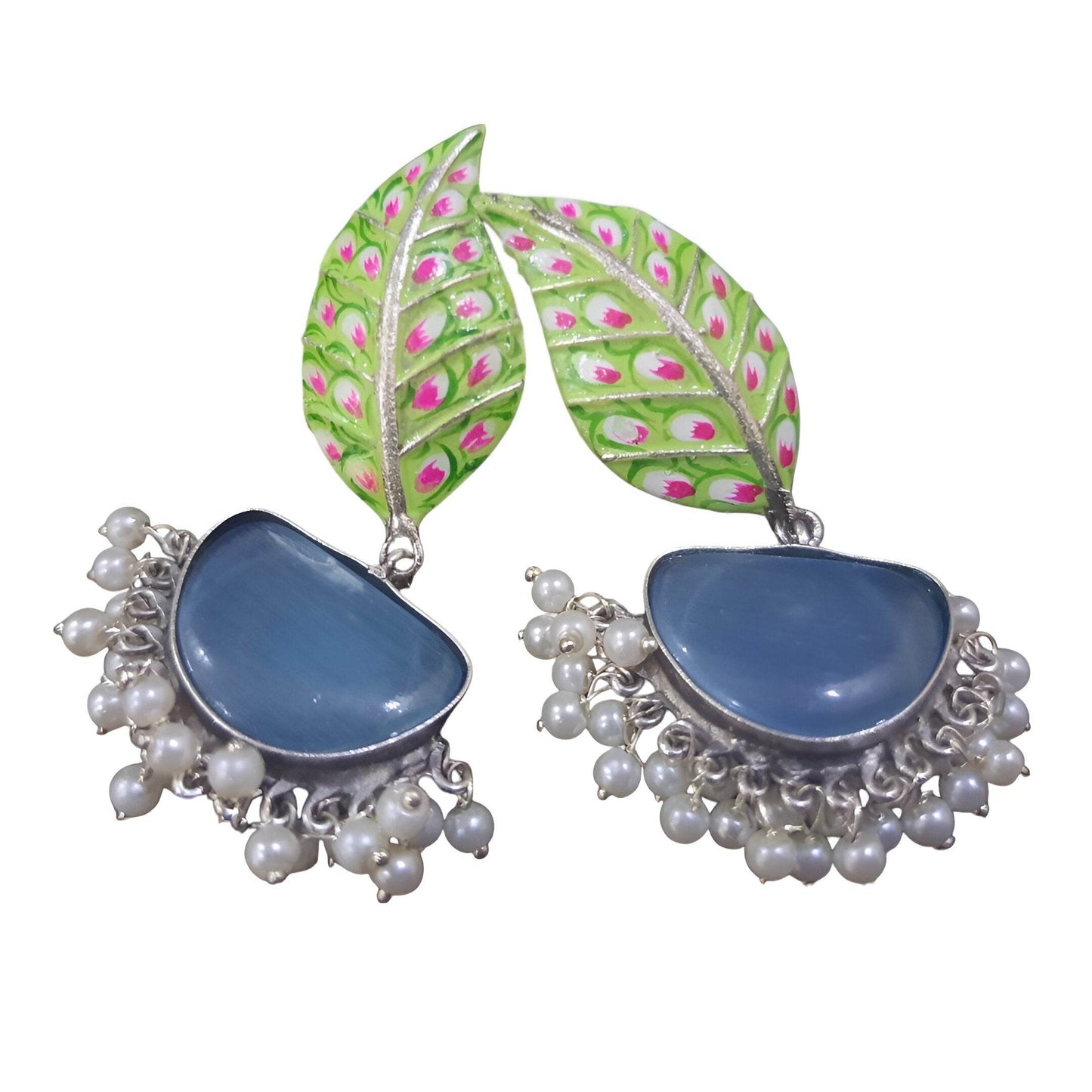 Stylish amber pearl drop earrings featuring colorful leaf design and intricate silver details