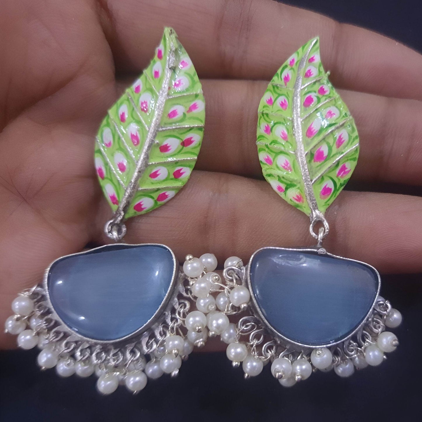 Colorful Amber Pearl Drop Earrings with Leaf Design and Blue Stone Accents