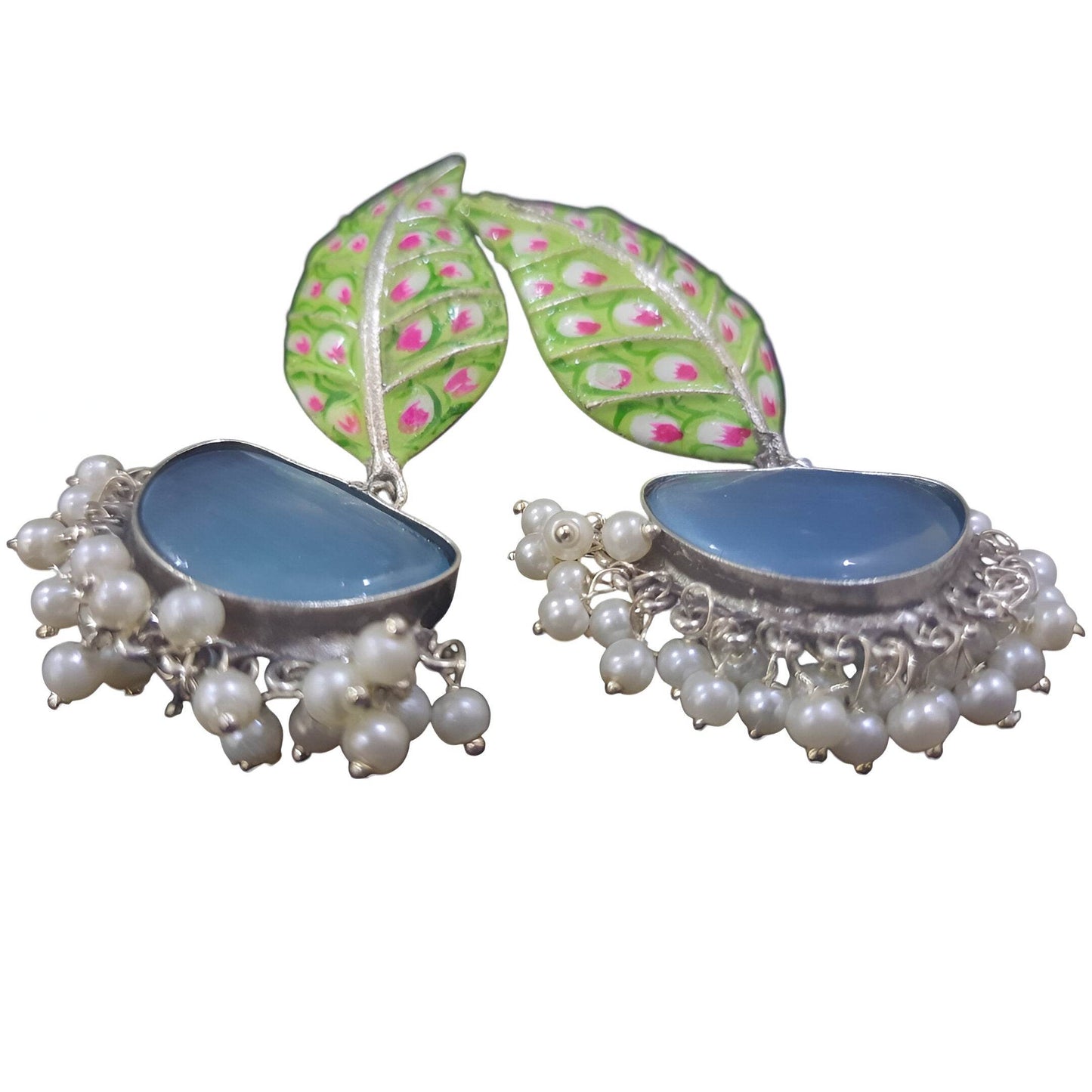 Amber pearl drop earrings featuring blue stones and delicate pearl details for an elegant look