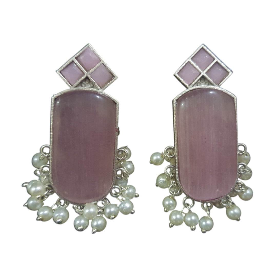 Stylish amber pearls drop earrings featuring pink stones and dangling pearl accents