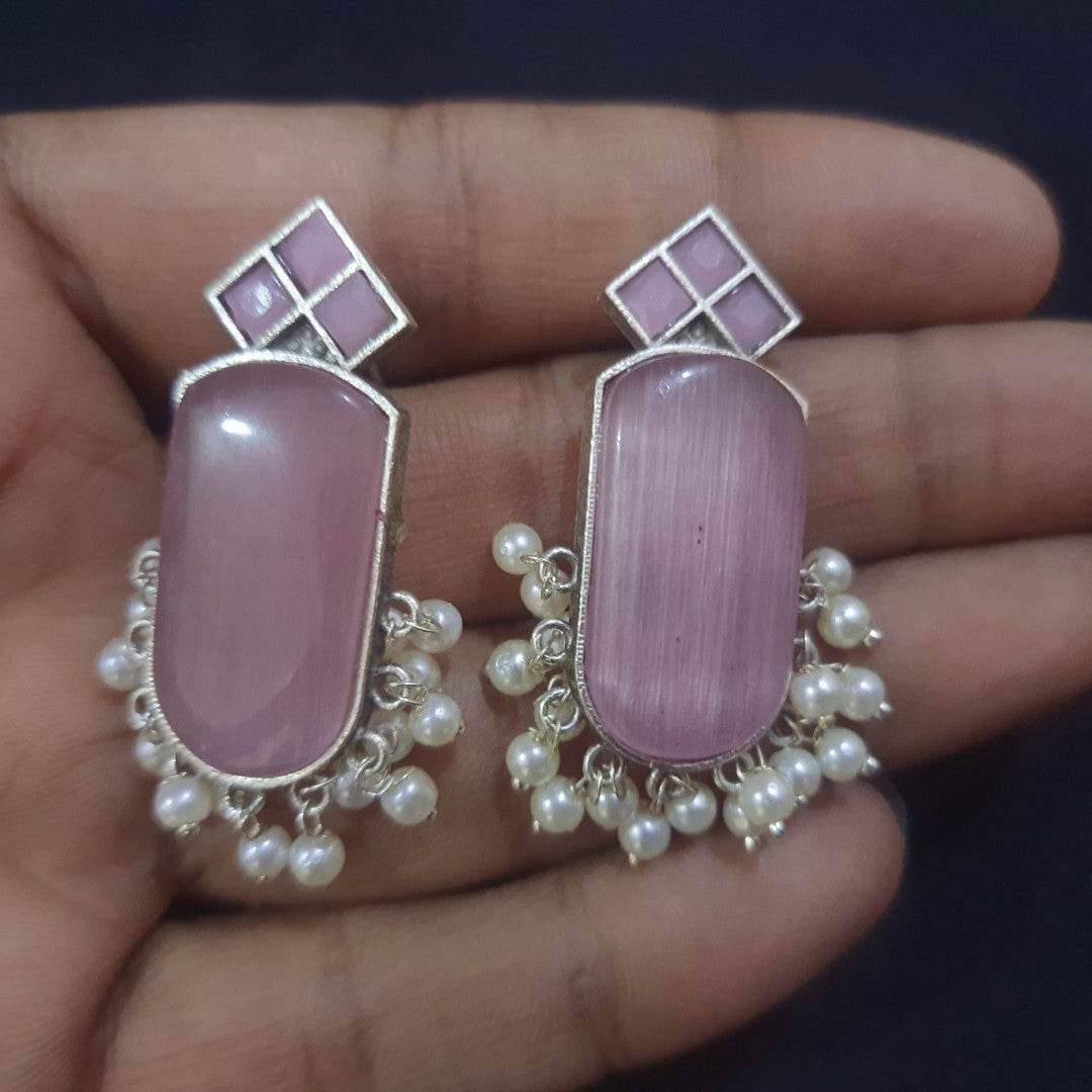 Amber pearls drop earrings with pink gemstones and delicate pearl accents, perfect for elegant occasions
