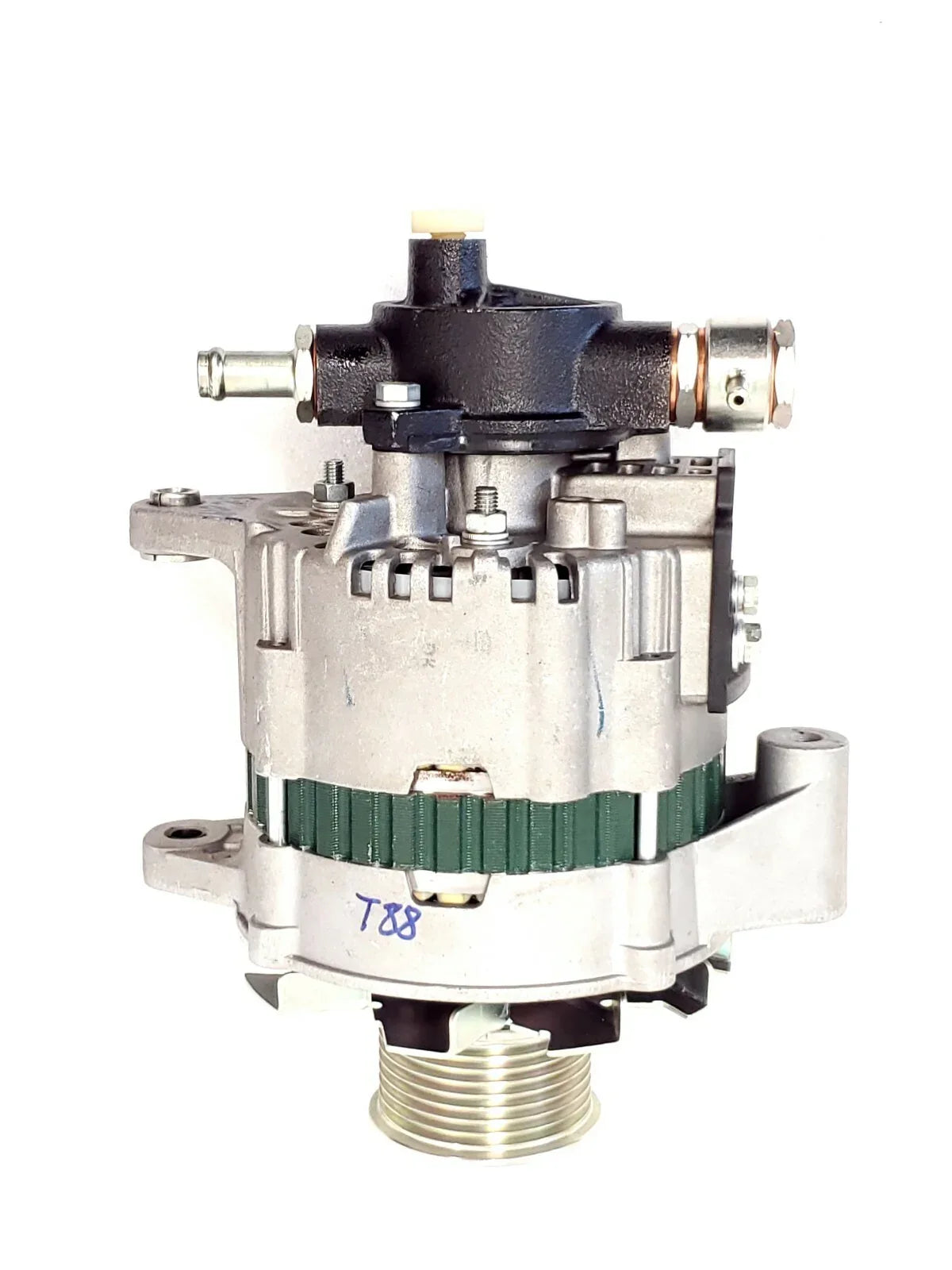 Tractor alternator with black top, silver housing, and threaded outlet connector