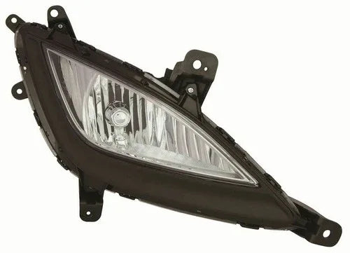 Automotive fog light with clear lens and black housing, mounting brackets attached