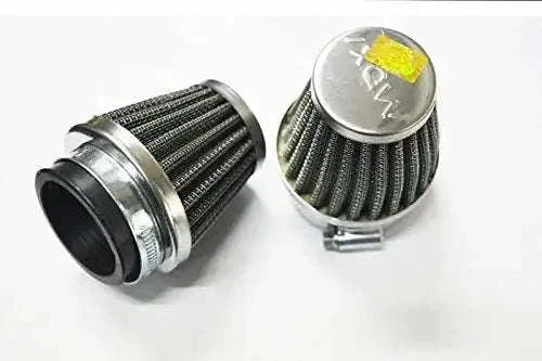 Air filter pair with clamp; two ribbed black cylindrical filter housings