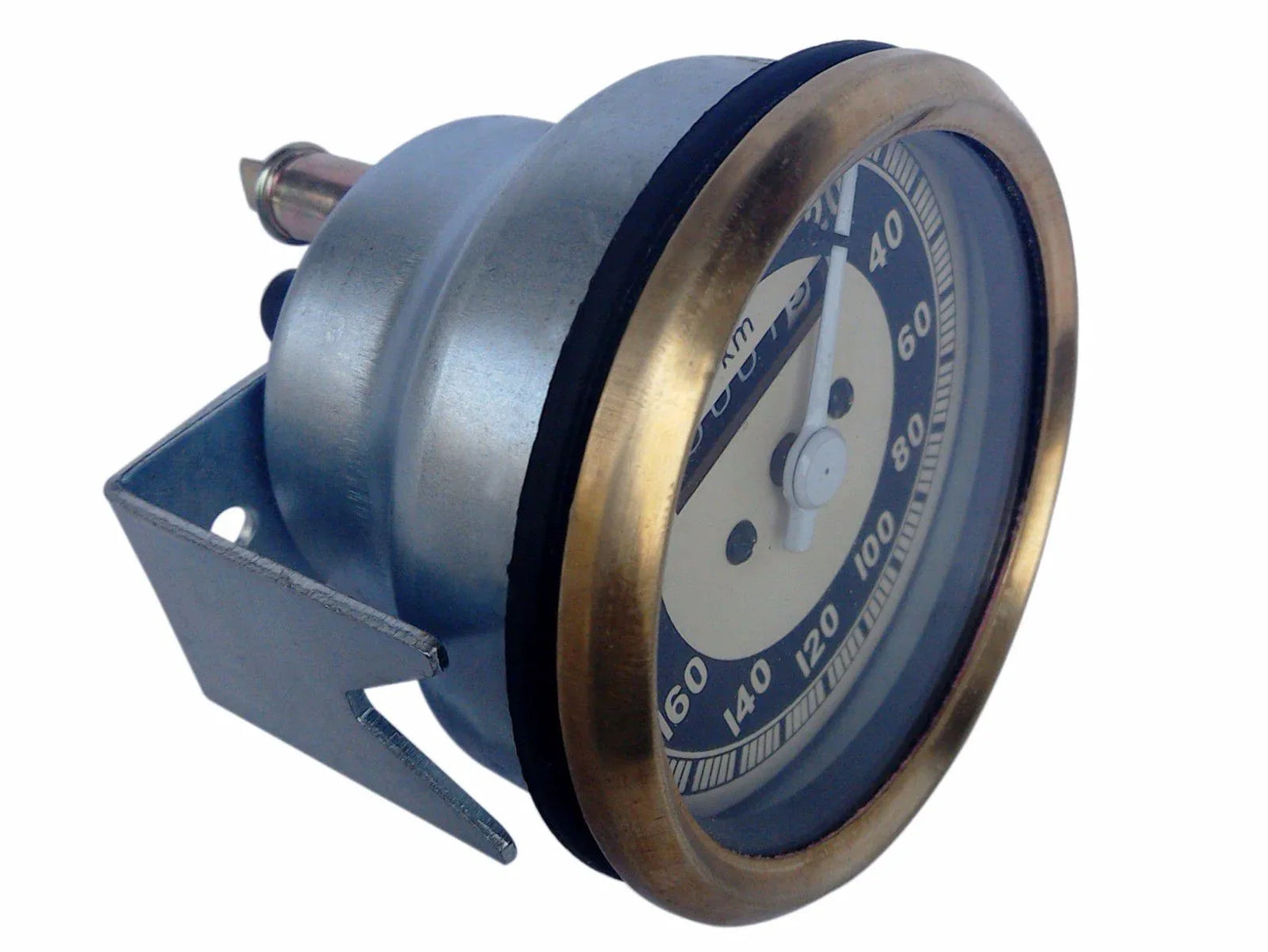 Vintage speedometer gauge with blue dial, cream markings, and brass rim