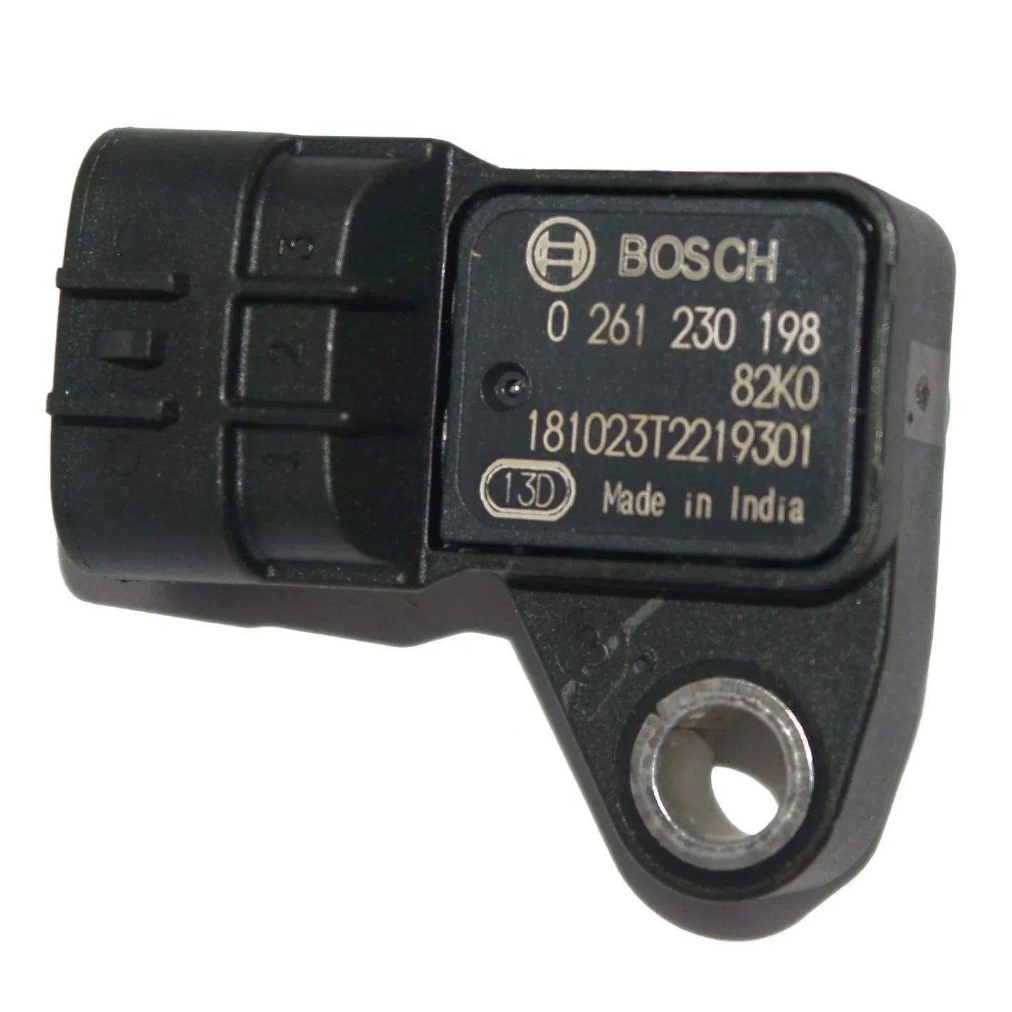 Black Bosch MAP sensor with mounting hole and part number 0 261 230 198