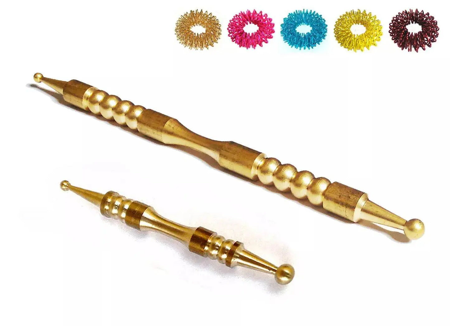Brass acupressure probe set including Mega and Mini Compact Jimmys with colorful rings