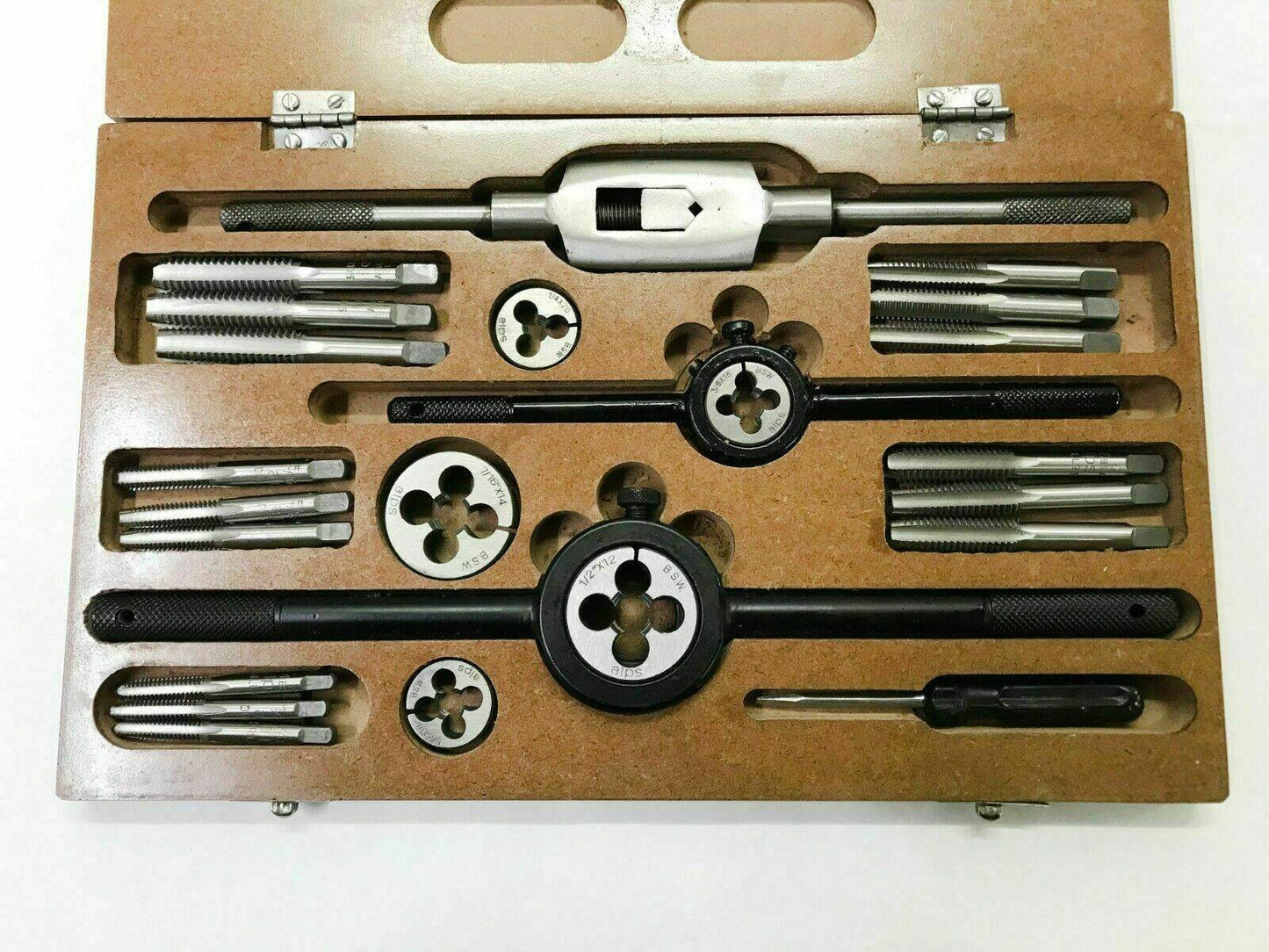 British Whitworth tap die set kit in a sturdy case with various sizes and tools for threading tasks