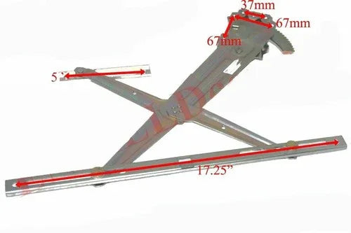 Scissor-type window regulator lift assembly with metal arm mechanism, length labeled