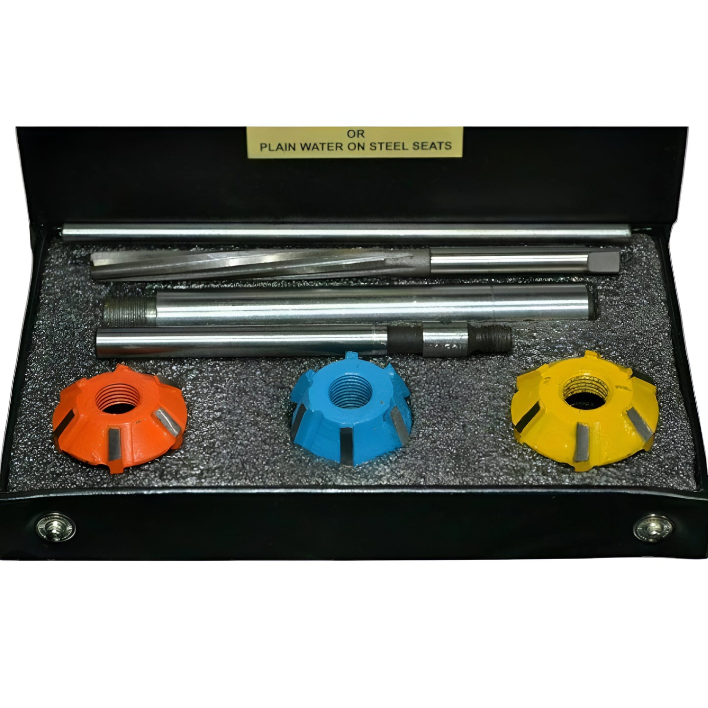 Carbide valve seat cutter set with colorful cutters and steel shafts in a protective case for precision automotive work