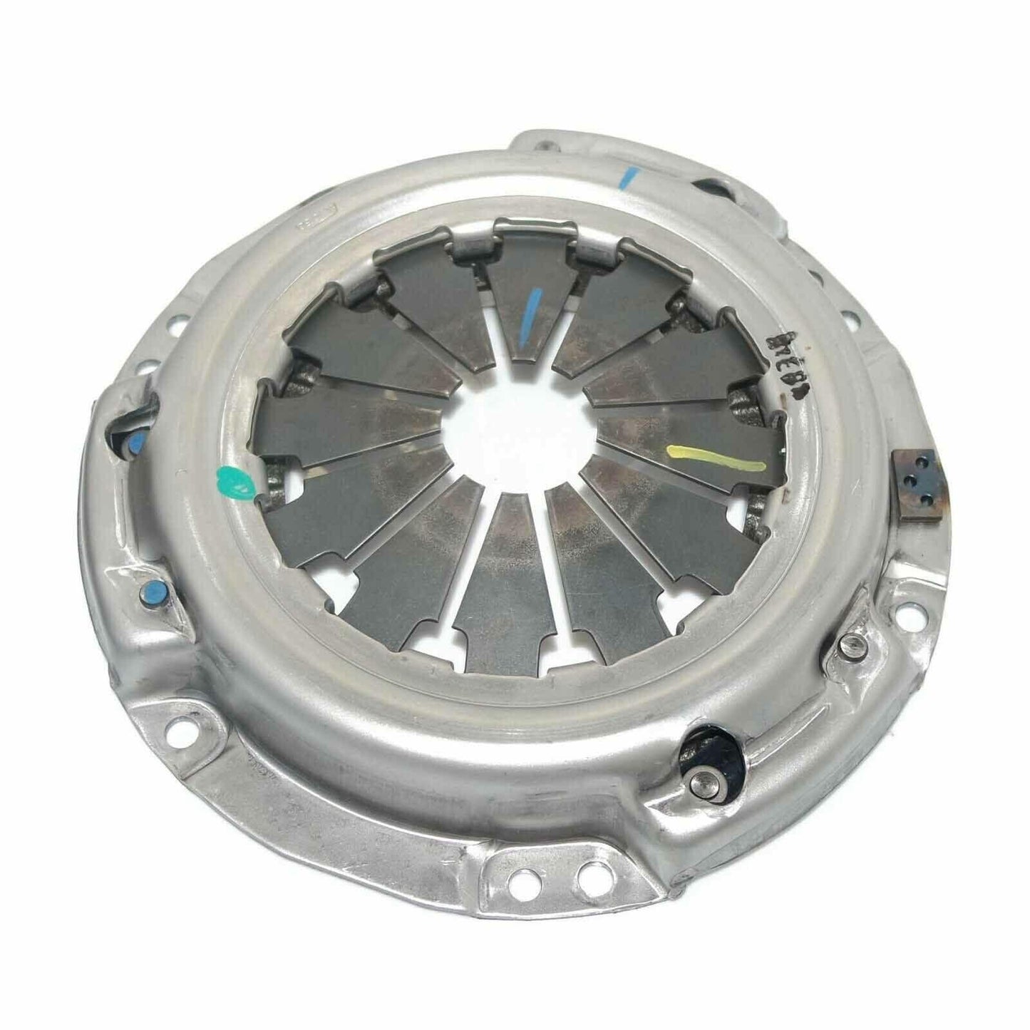 Metal clutch cover with pressure plate and bolt holes, circular