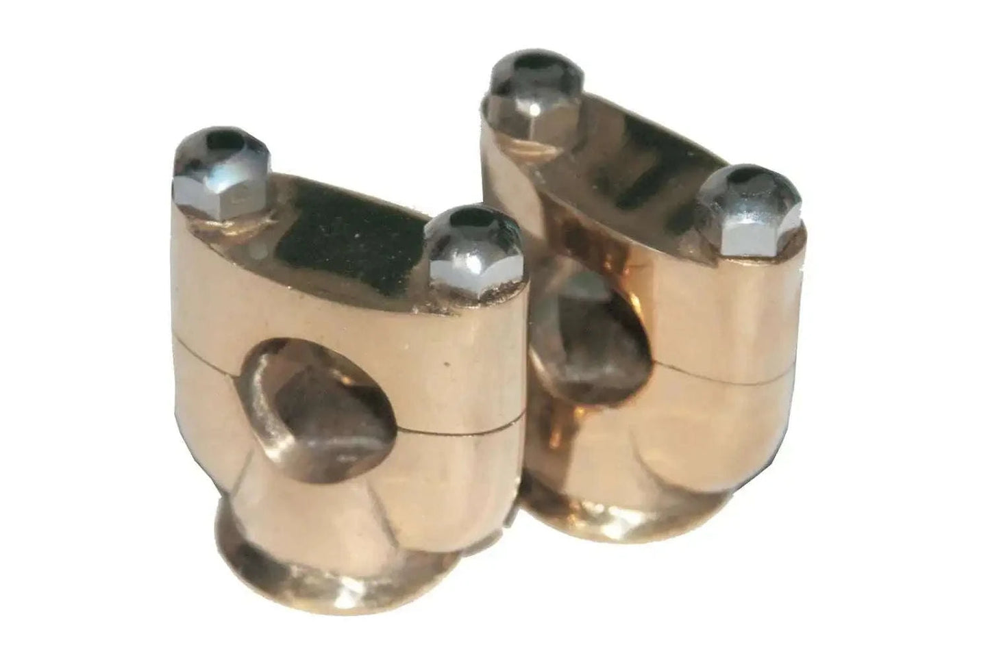 Brass motorcycle handlebar riser clamps with hex bolts