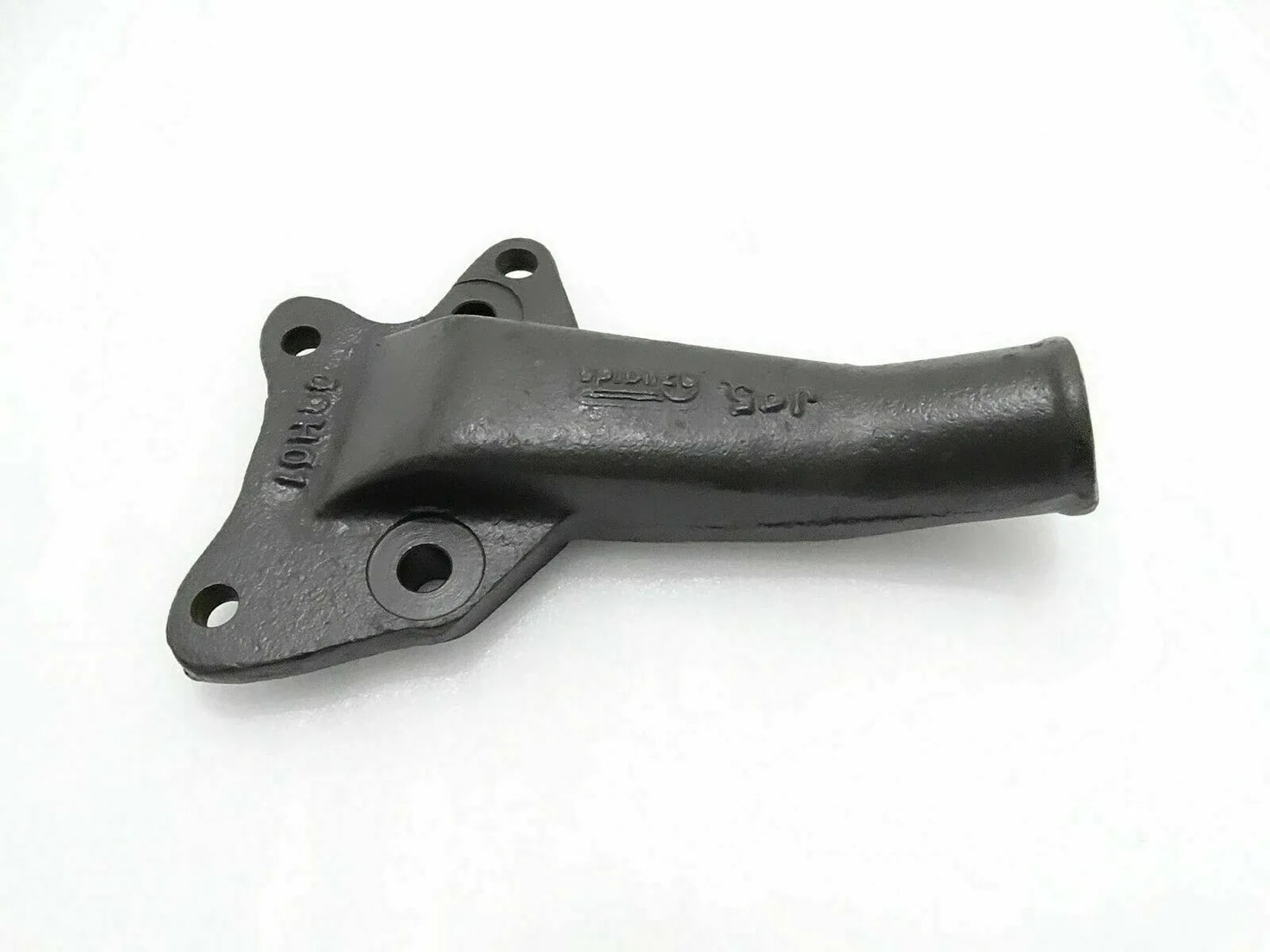 Cylinder head connection fitting, dark gray metal with mounting holes and pipe