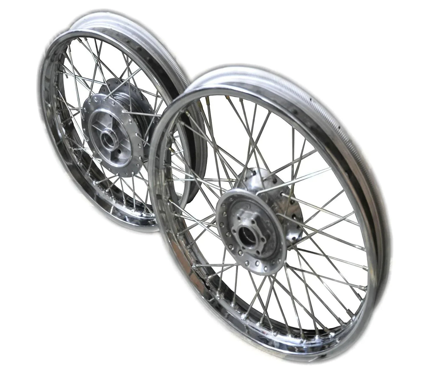 Chrome wire-spoke bicycle wheels, front and rear, with silver rims