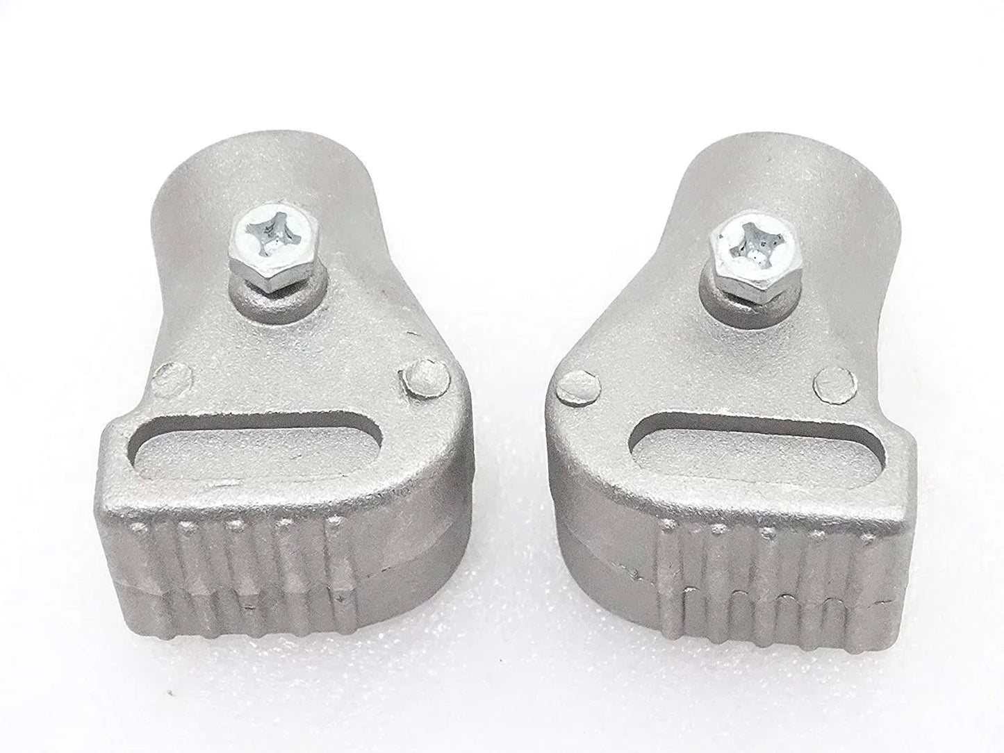 Pair of grey alloy stand feet with mounting bolt tabs