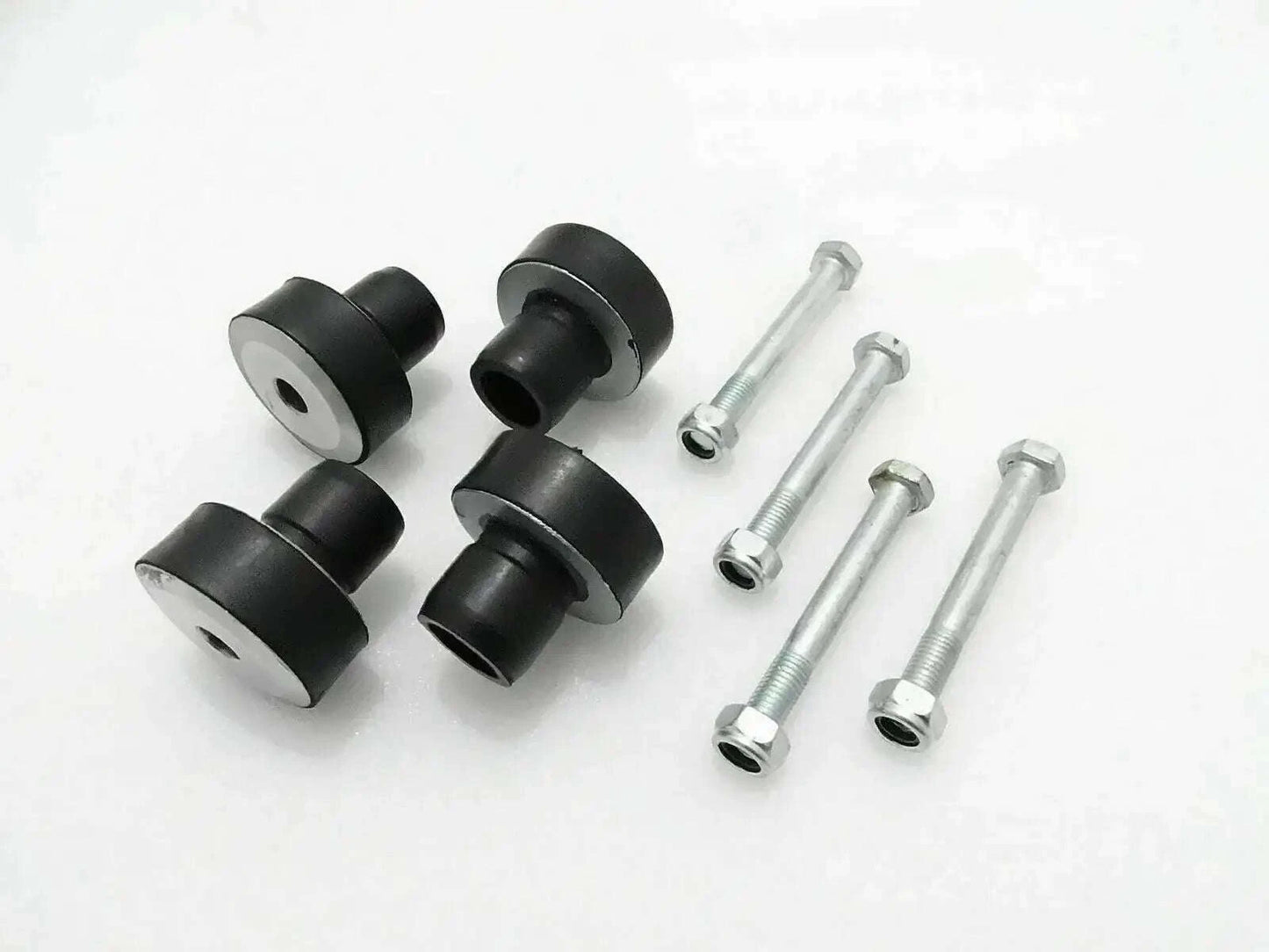 Engine mount bushing set with black rubber mounts and silver bolts, 4 pieces