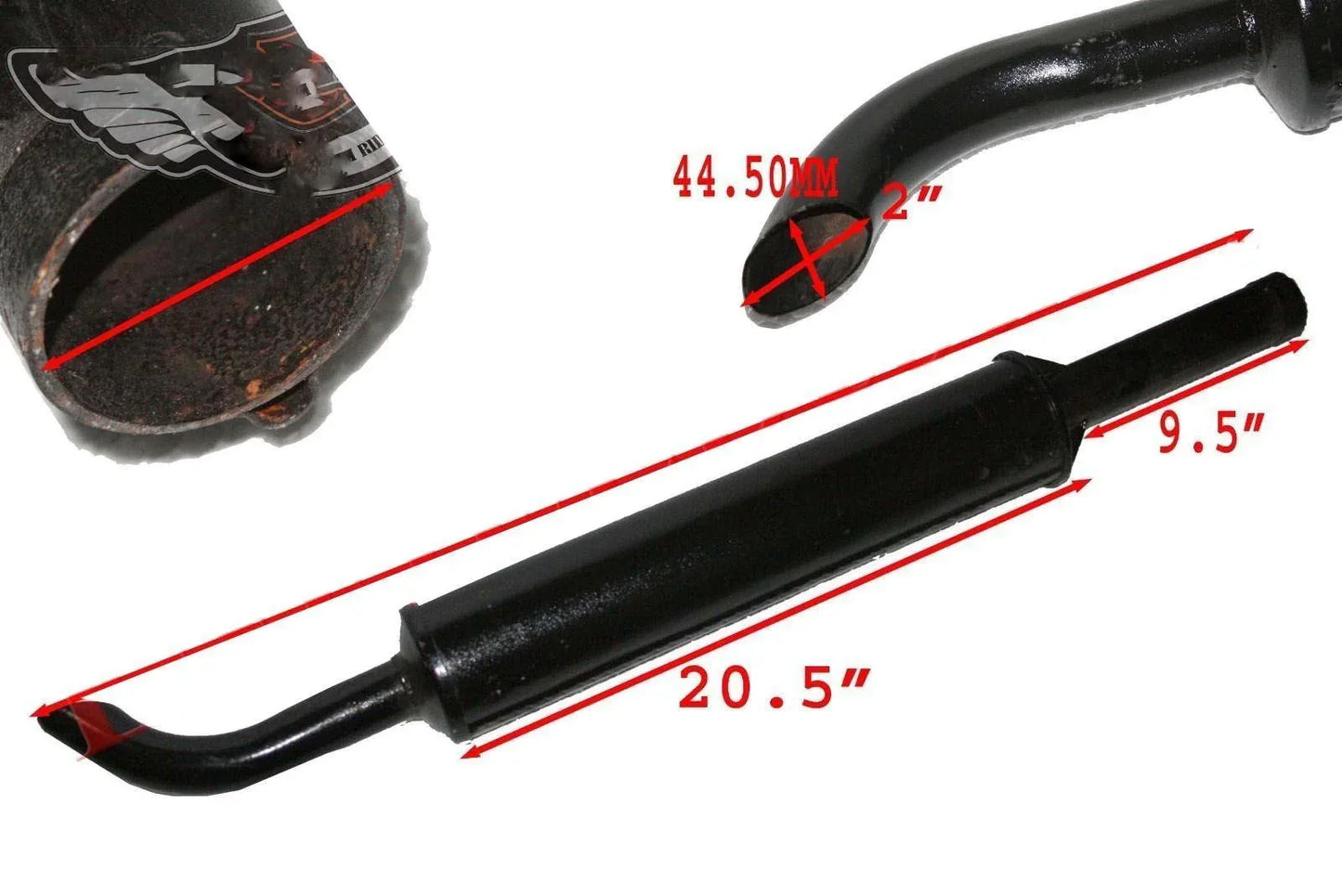 Long vertical exhaust silencer muffler, steel, 44.5cm length, 2in diameter, for tractor engine noise reduction