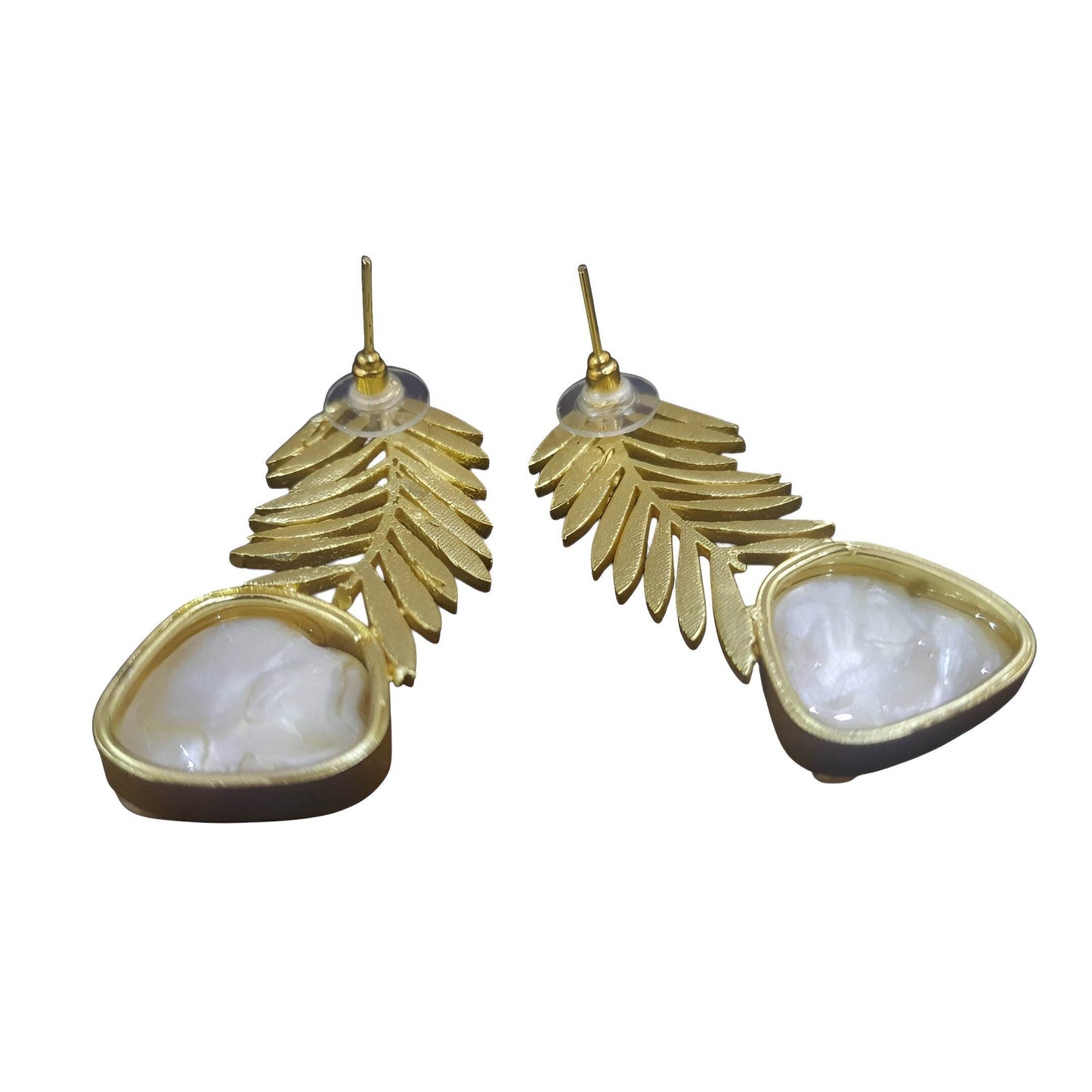 Gold-plated palm leaf earrings featuring intricate leaf design and natural stone accents
