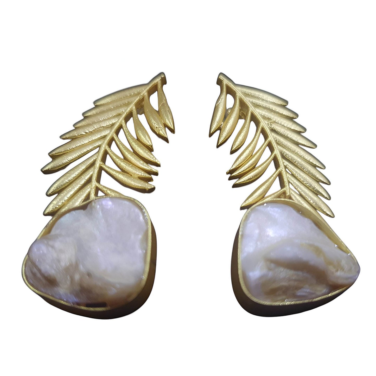 Gold-plated palm leaf earrings featuring iridescent pearl accents for a stylish look