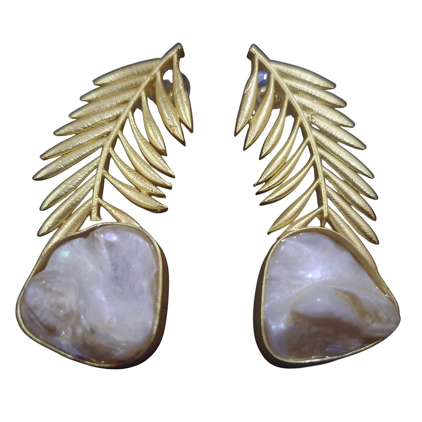 Elegant gold-plated palm leaf earrings featuring lustrous pearl accents for a stylish look