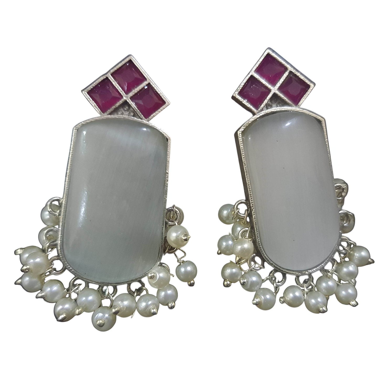 Amber Pearls handcrafted brass drop earrings with stylish pearl accents and a unique geometric design