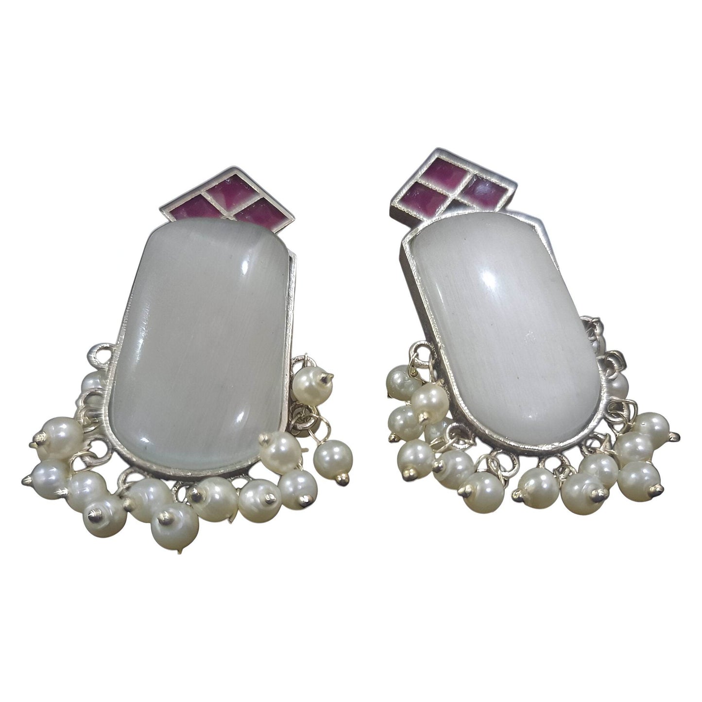 Elegant handcrafted brass drop earrings featuring white stones and pearl embellishments