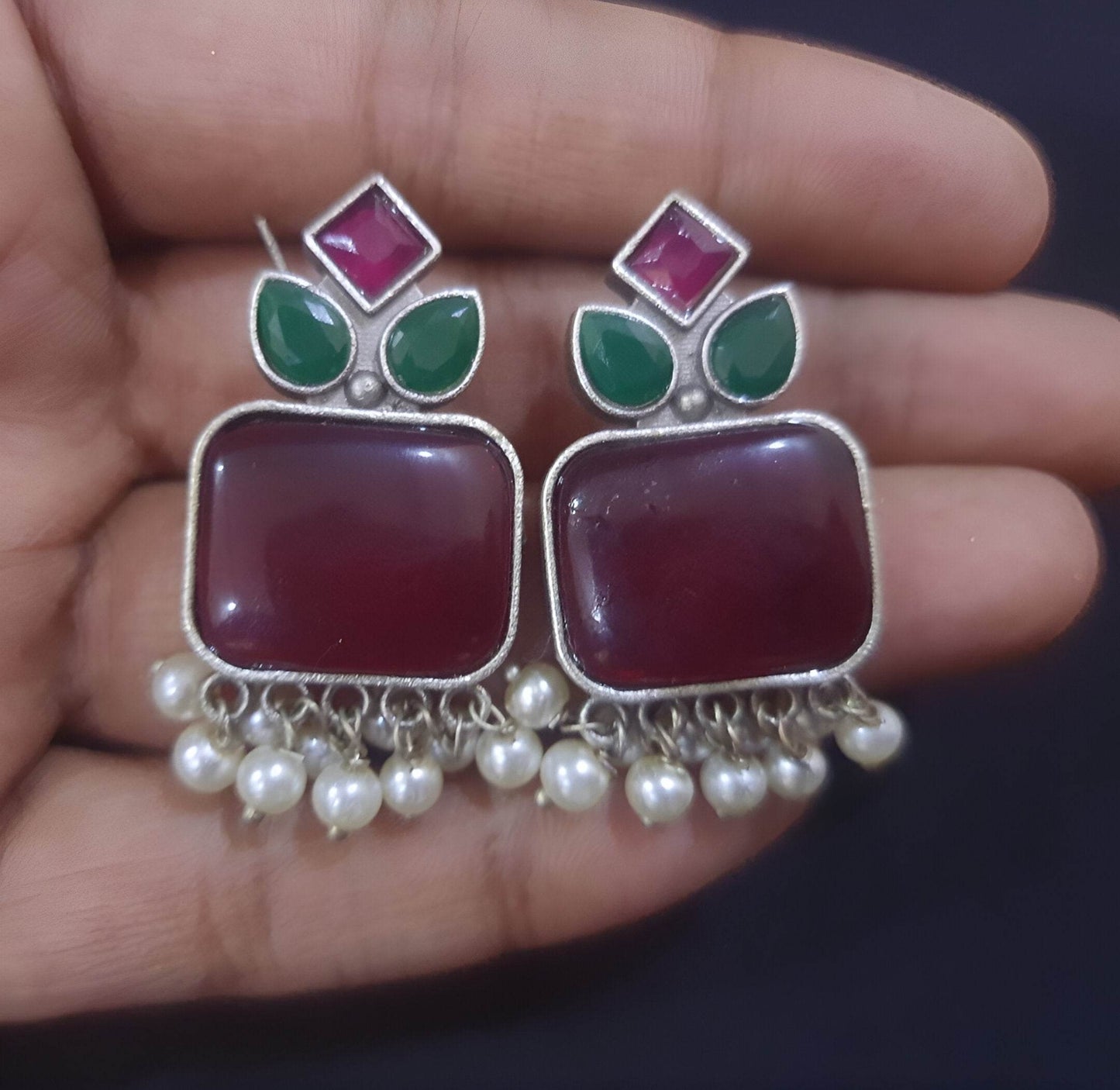 Amber Pearls Handcrafted 100% Brass Drop Earrings Vintage Style Earrings with Ruby Red and Green Stones, Pearl Dangles, Silver-Toned - StellerGear