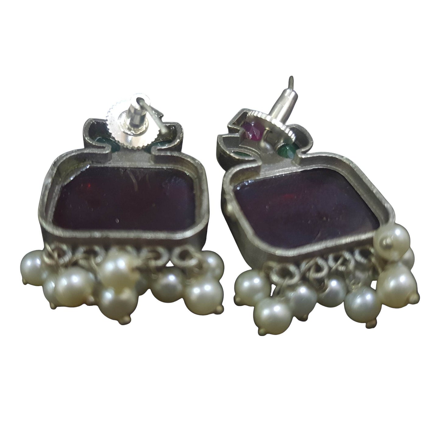 Amber Pearls Handcrafted 100% Brass Drop Earrings Vintage Style Earrings with Ruby Red and Green Stones, Pearl Dangles, Silver-Toned - StellerGear