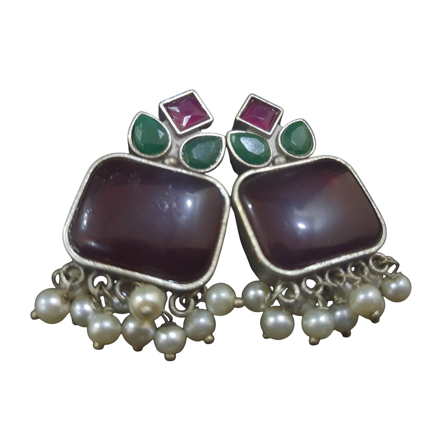 Amber Pearls Handcrafted 100% Brass Drop Earrings Vintage Style Earrings with Ruby Red and Green Stones, Pearl Dangles, Silver-Toned - StellerGear