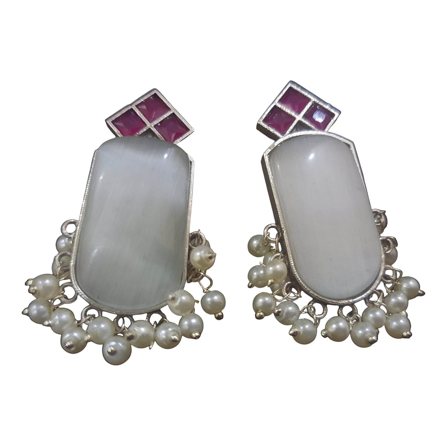 Elegant handcrafted brass drop earrings featuring a large stone with pearl accents
