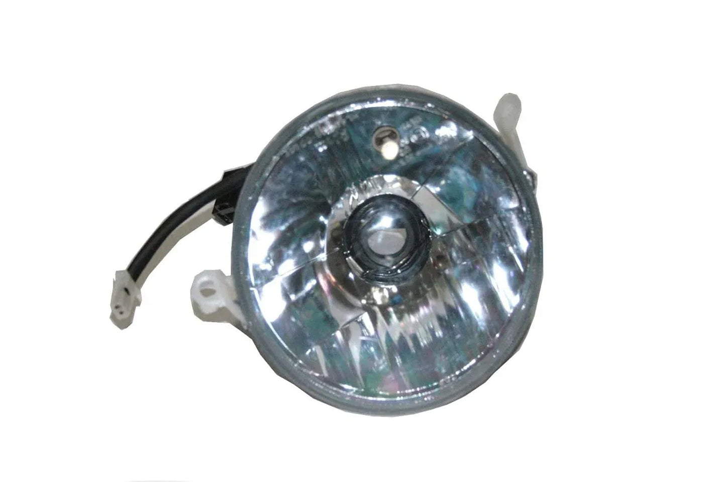 Round motorcycle headlight reflector lens with mounting tabs and wire connector