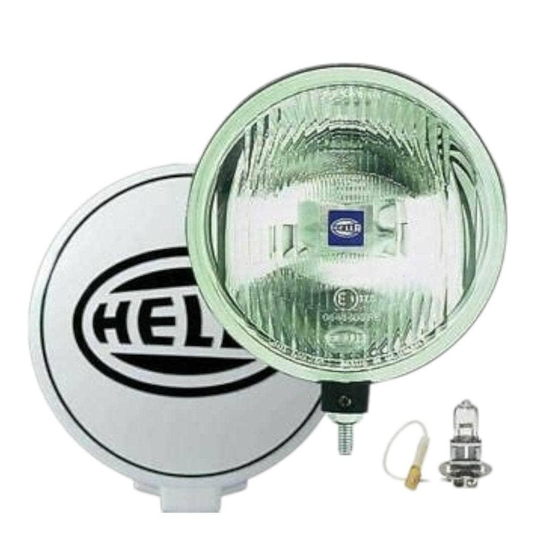 Round driving lamp with clear glass lens, gray housing, includes bulb and wiring