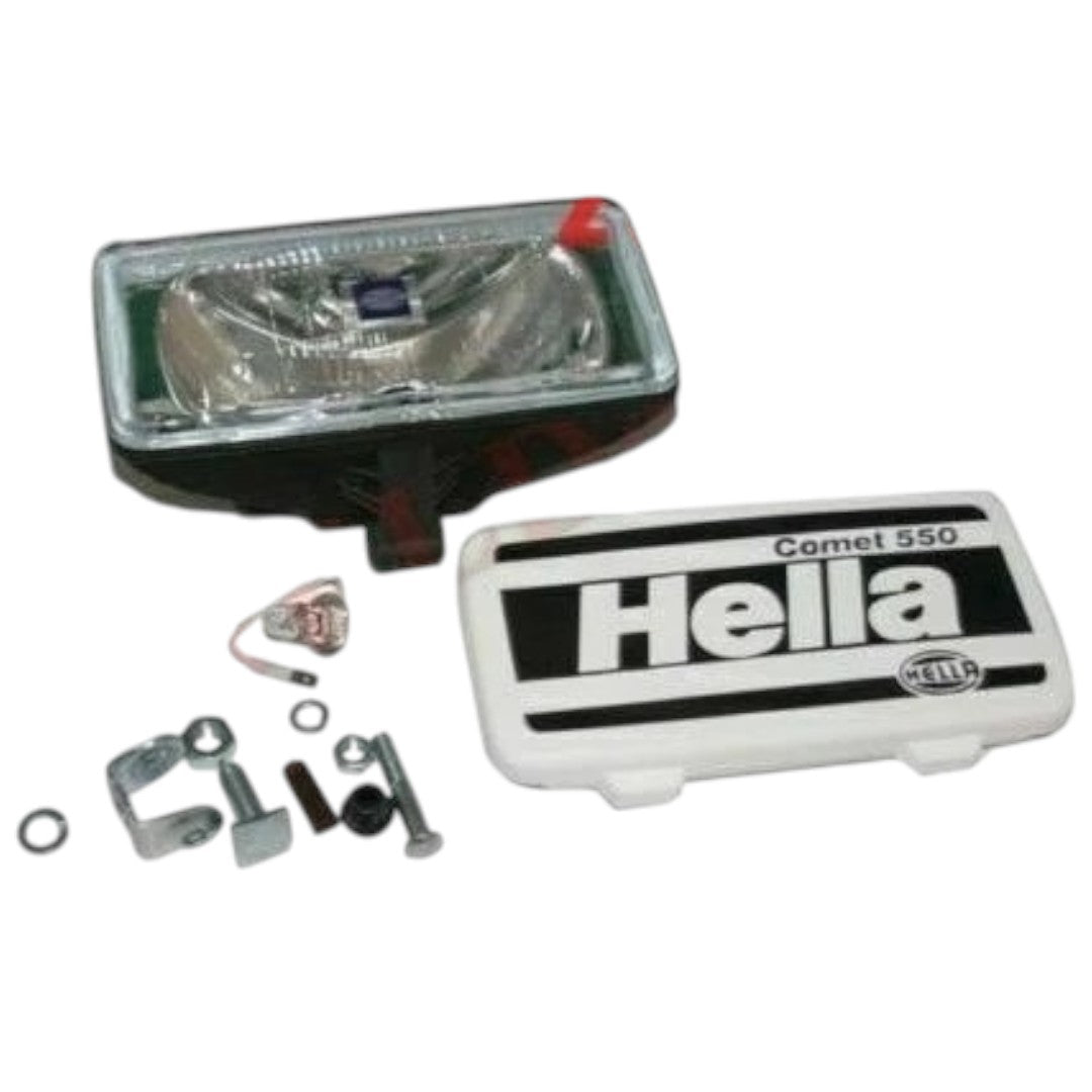 Hella Comet 550 driving light with mounting hardware and protective cover for enhanced visibility