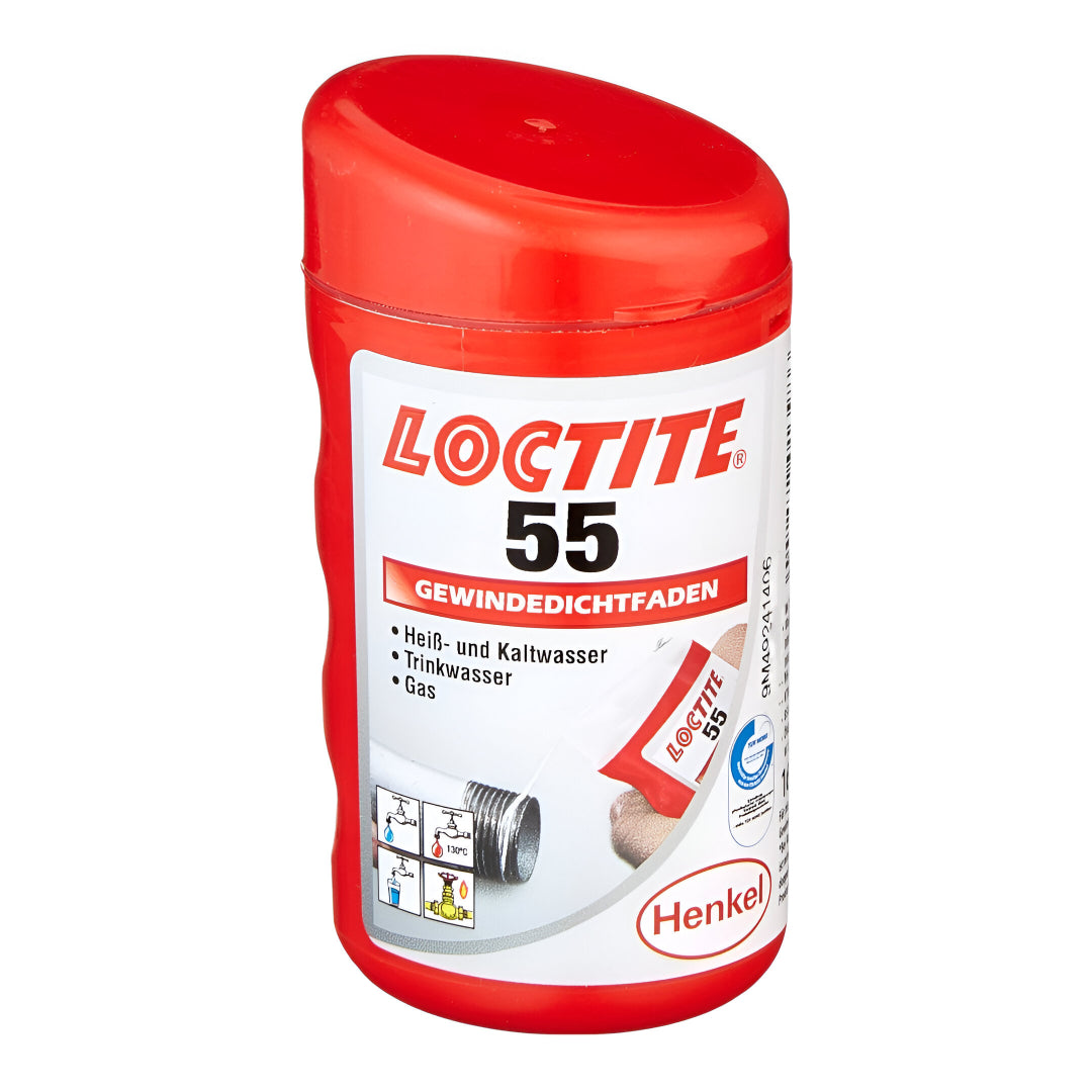 Loctite 55 pipe sealing cord in red container for effective sealing of pipes and fittings