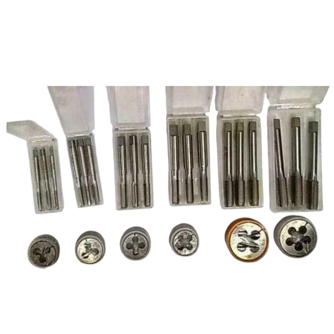 HSS tap die set BSF with multiple taps and dies in storage cases for versatile threading applications