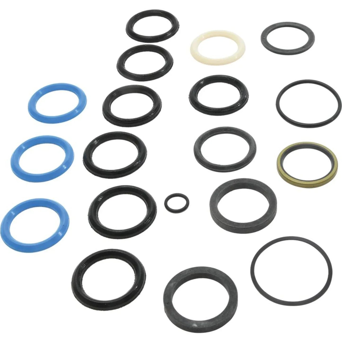 Hydraulic cylinder seal kit with various sizes of rubber seals, designed for hydraulic cylinder repair