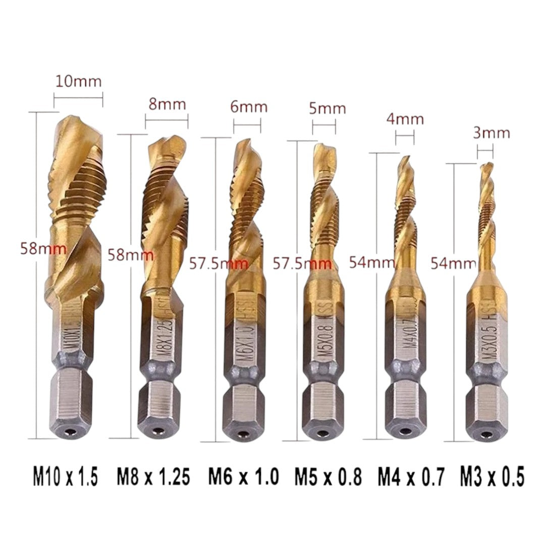 7 Pcs 1/4" Hss Spiral Hex Shank Combination Drill Screw Tap Bit Set (M3-M10)
