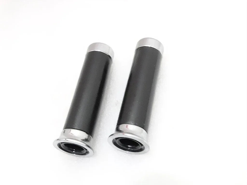 Black handle bar grips with silver accents, made of durable rubber for motorcycles and scooters