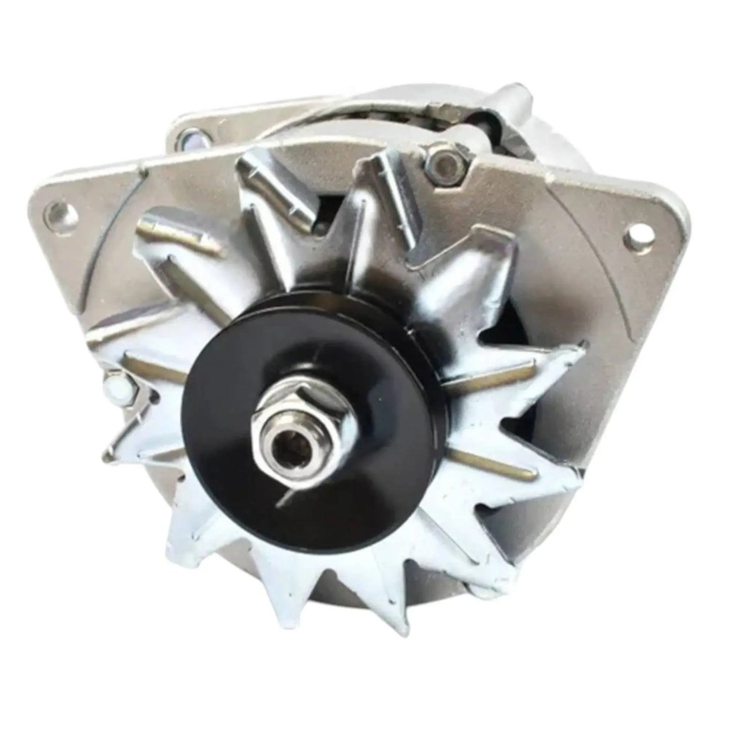 Alternator assembly front view with black pulley center bolt, silver fan-style fins