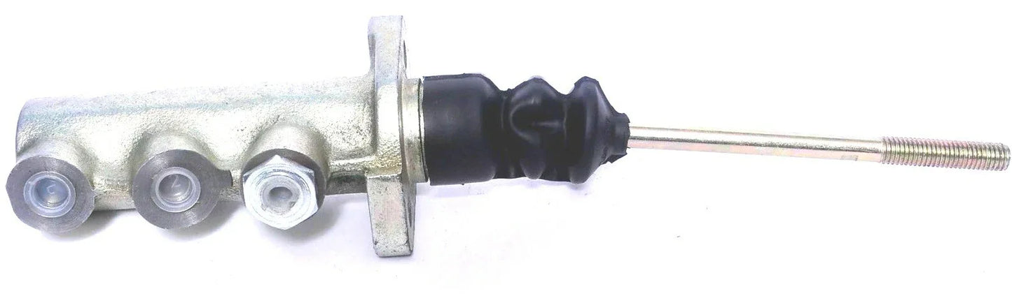 JCB 3CX brake master cylinder, metal construction, designed for efficient brake fluid transfer in hydraulic systems